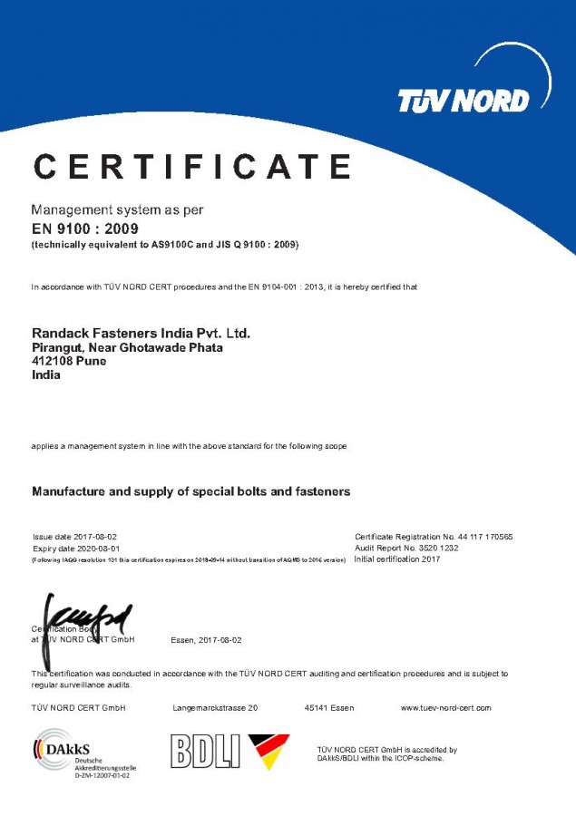 Randack Fasteners India hat erfolgreich die Zertifizierung gem. EN9100:2009 durch den TÜV Nord Cert abgeschlossen