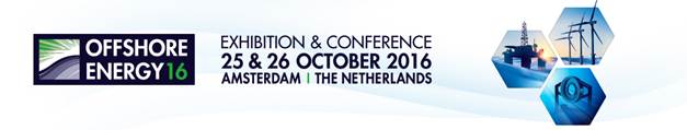 offshoreEnergy2016 Offshore Energy 2016 Konferenzplakat, 25.-26. Oktober, Amsterdam, Niederlande, mit Illustrationen von Schiffen und Windrädern.