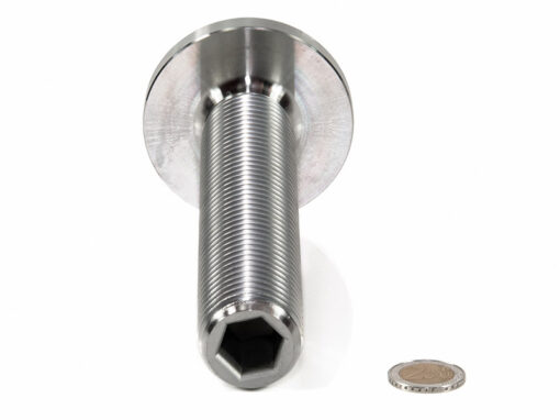 sonderschrauben-spezialschrauben-07-warmformteile-schmiedeteile-08 Großer Metallbolzen neben einer Münze zur Verdeutlichung der Größe, optimale Darstellung für technische Anwendungen.