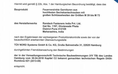 Ü-Zeichen Zulassung gem. DaSt021 für Randack Fasteners India