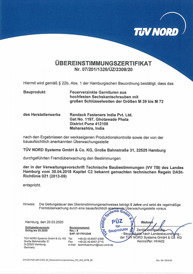 Übereinstimmungszertifikat von TÜV NORD für feuerverzinkte Garnituren aus Maharashtra, Indien, gültig bis 2025.