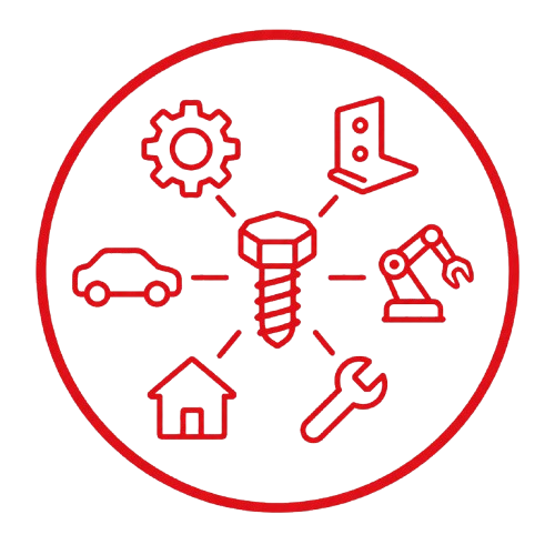 Symbole: Zahnrad, Auto, Haus, Schraube, Industrieroboter, Werkzeug; Technik und Konstruktion vernetzt in einem Kreis.