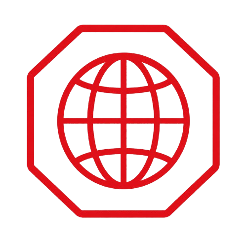 Rotes Globussymbol in einem Achteck, das weltweite Netzwerke oder Internetdarstellung symbolisiert.
