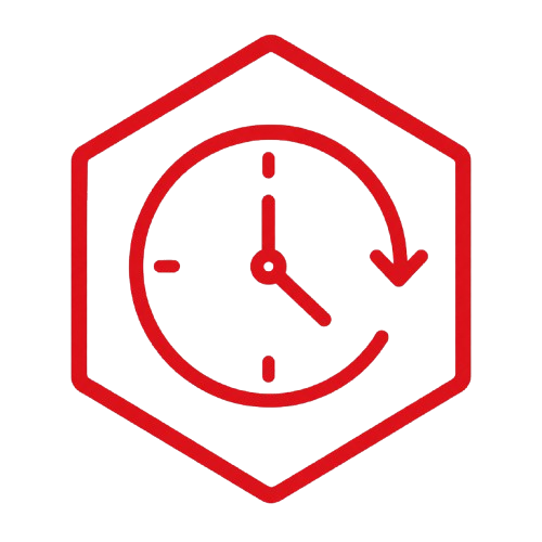 Rotes Uhrsymbol mit Pfeil im Sechseck, das auf zeitliche Wiederholung oder Laufzeit hinweist.
